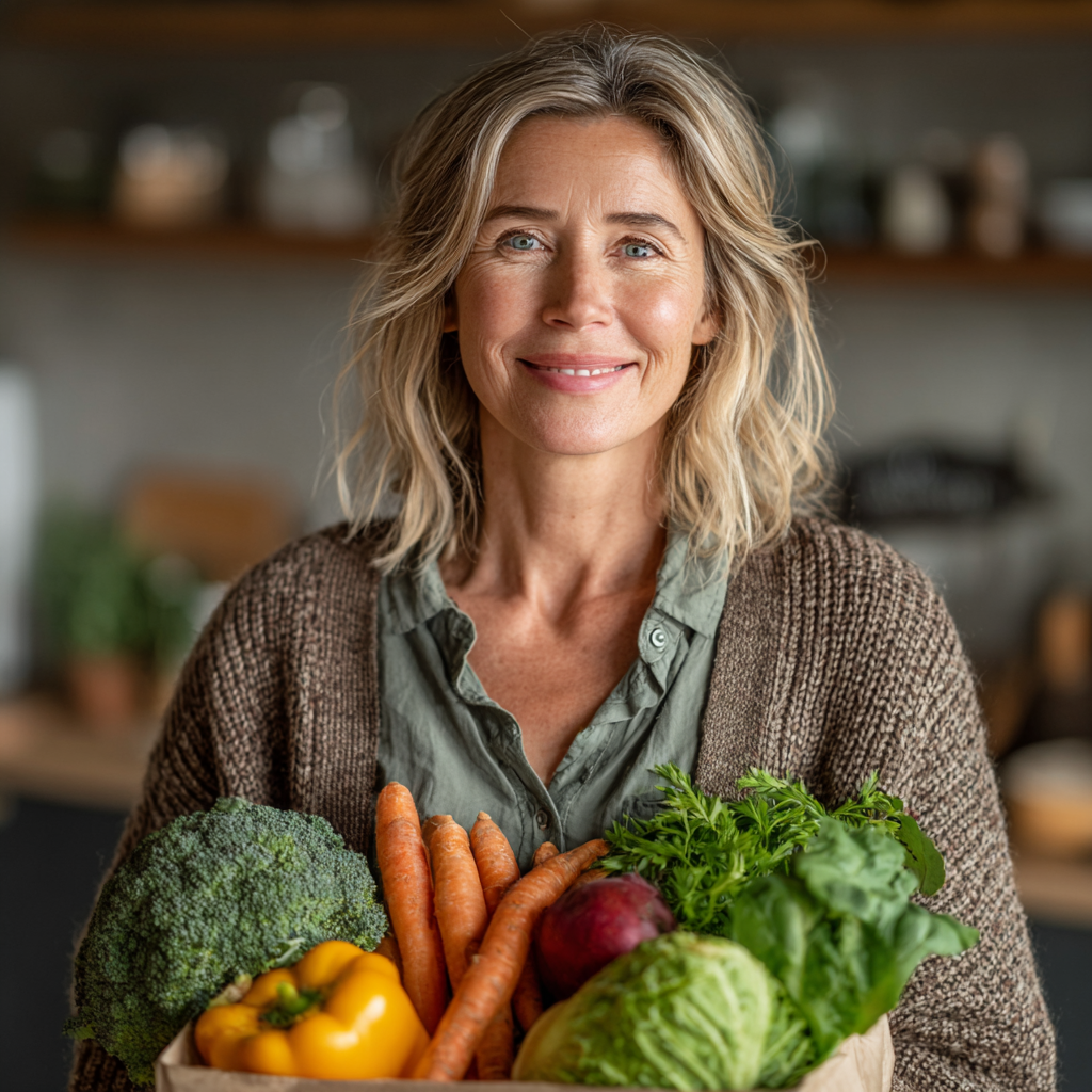 Confident middle-aged woman in her 40s holding fresh vegetables and fruits while standing in a modern kitchen, smiling at camera, representing healthy meal planning lifestyle