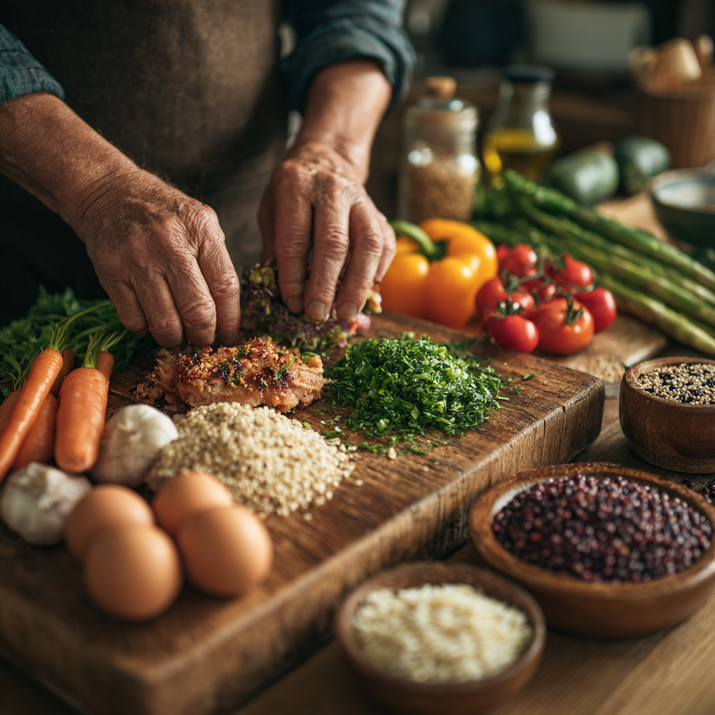 Nutritious and colorful meal preparation scene with fresh vegetables, grains, and proteins arranged on wooden cutting board, being prepared by hands of person in their 50s