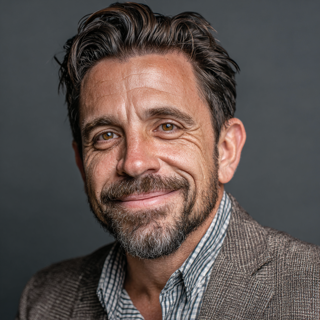 Professional headshot of confident man in his late 40s with friendly smile, wearing business casual attire